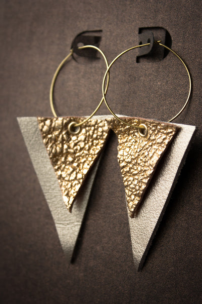 Diamond Bar Leather Earrings - Gold