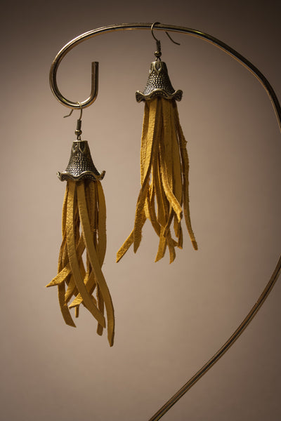 Leather Tassel Earrings - Mustard Yellow