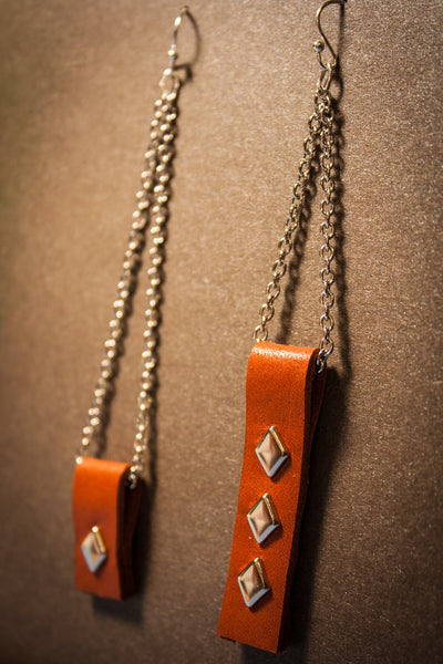 Asymmetric Leather Rivet Earrings - Rust